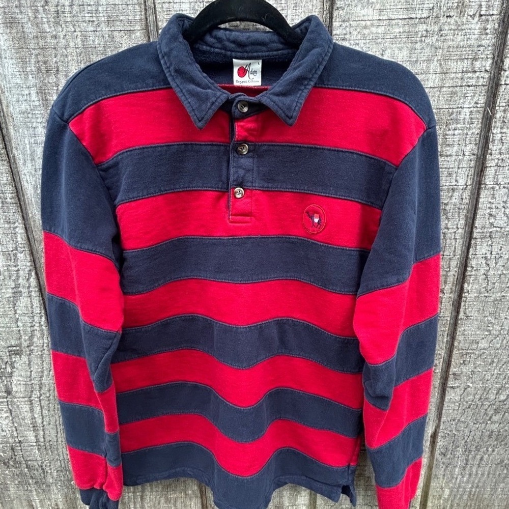 Adam Organic Cotton Rugby Shirt Red Navy Striped L Vintage Preppy Grunge